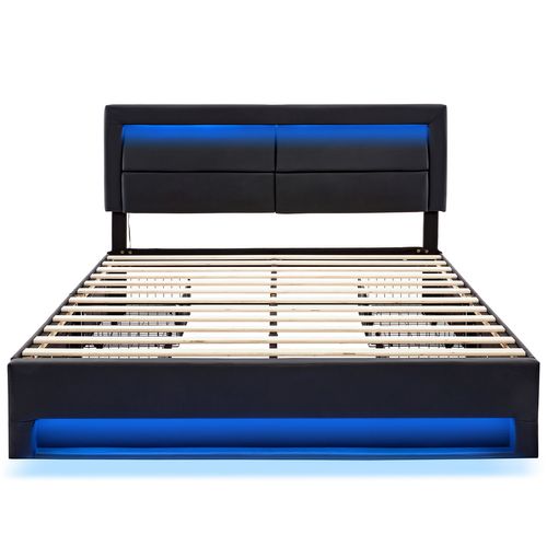 Lit Adulte 140x200 Cm, Lit 2 Place Avec Port De Charge USB Et Éclairage LED, 4 Tiroirs, Pu, noir