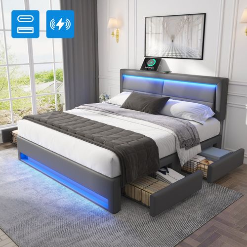 Lit Adulte 140x200 Cm, Lit 2 Place Avec Port De Charge USB Et Éclairage LED, 4 Tiroirs, Pu, gris