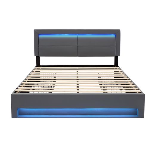 Lit Adulte 140x200 Cm, Lit 2 Place Avec Port De Charge USB Et Éclairage LED, 4 Tiroirs, Pu, gris