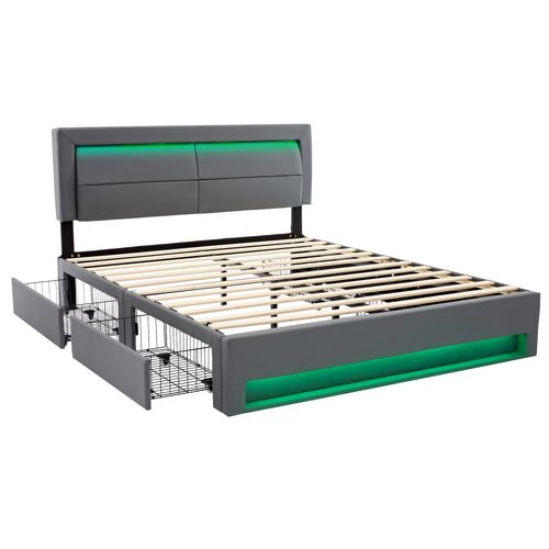Lit Adulte 140x200 Cm, Lit 2 Place Avec Port De Charge USB Et Éclairage LED, 4 Tiroirs, Pu, gris