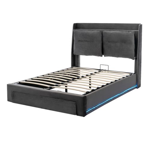 Lit Coffre LED 140x190 Cm, Lit 2 Place Pour Adulte, Tiroir De Rangement 2 En 1, Velours, Gris