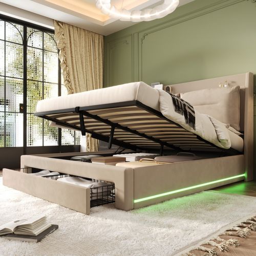 Lit Coffre Double 140x190 Avec Sommier à Lattes Et Rangement Hydraulique - Tête De Lit Velours Beige Avec Lumières LED Automatiques