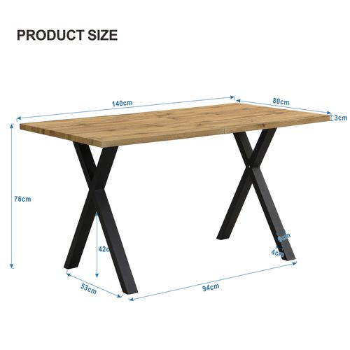 Table à Manger Rectangulaire 140x80x76cm, Pieds Croisés En Métal, Mdf, Chêne + Noir