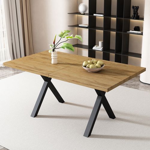 Table à Manger Rectangulaire 140x80x76cm, Pieds Croisés En Métal, Mdf, Chêne + Noir