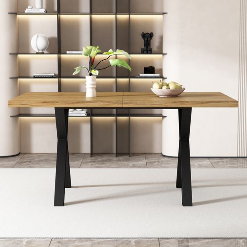 Table à Manger Rectangulaire 140x80x76cm, Pieds Croisés En Métal, Mdf, Chêne + Noir