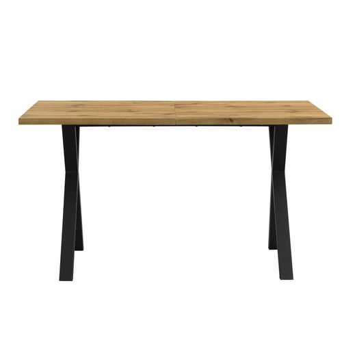 Table à Manger Rectangulaire 140x80x76cm, Pieds Croisés En Métal, Mdf, Chêne + Noir