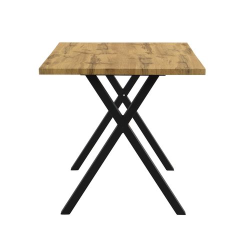 Table à Manger Rectangulaire 140x80x76cm, Pieds Croisés En Métal, Mdf, Chêne + Noir