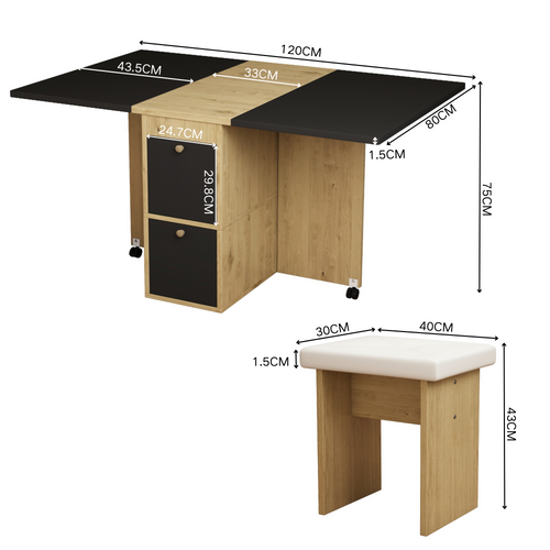 Ensemble De Table à Manger 120x80x75cm Avec 4 Tabourets, Table Rétractable, Blanc + Chêne + Noir