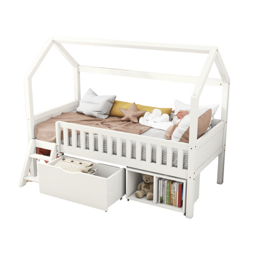 Lit Cabane Enfant 90x200 Cm Avec Tiroir Et Compartiments De Rangement, Barrière Anti-chute, Blanc