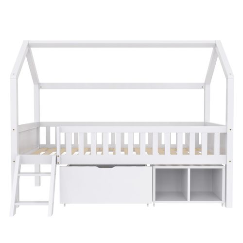 Lit Cabane Enfant 90x200 Cm Avec Tiroir Et Compartiments De Rangement, Barrière Anti-chute, Blanc