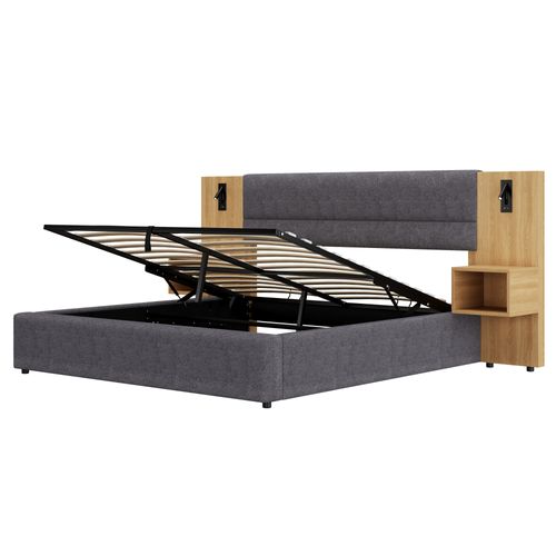 Lit Coffre Lit 2 Place 160x200 Cm Avec USB, 2 Tables De Chevet, Éclairage, Velours, Gris + Naturel