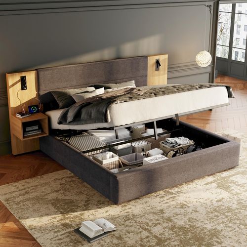 Lit Coffre Lit 2 Place 180x200 Cm Avec USB, 2 Tables De Chevet, Éclairage, Velours, Gris + Naturel
