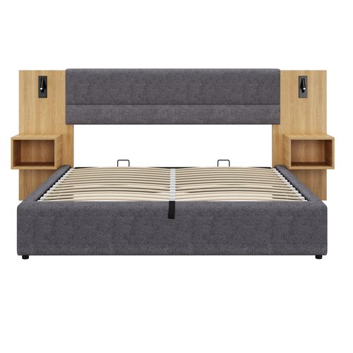 Lit Coffre Lit 2 Place 180x200 Cm Avec USB, 2 Tables De Chevet, Éclairage, Velours, Gris + Naturel