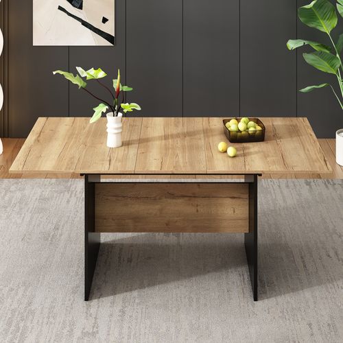 Table à Manger Extensible 140/180*80 Cm, Pieds En Métal, Noir + Noyer