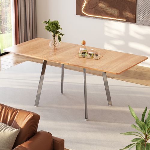 Table à Manger Rectangulaire Extensible 140/180x80 Cm, Pied Métal Argenté , Mdf, Couleur Chêne