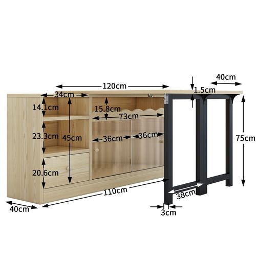 Table De Bar Pliante Rétractable, Buffet Rotatif Avec Espace De Rangement, Couleur Naturelle + Noir