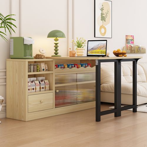 Table De Bar Pliante Rétractable, Buffet Rotatif Avec Espace De Rangement, Couleur Naturelle + Noir