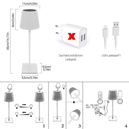 Lampe De Bureau LED Sans Fil, Lampe De Bureau LED à Luminosité Réglable Par Toucher, Blanc