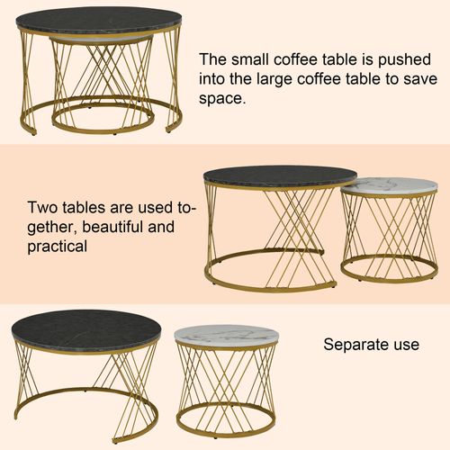 Table Basse Gigogne Ronde, Ensemble De 2, Placage De Marbre, Cadre De Couleur Dorée, Blanc + Gris
