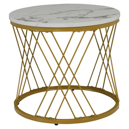 Table Basse Gigogne Ronde, Ensemble De 2, Placage De Marbre, Cadre De Couleur Dorée, Blanc + Gris