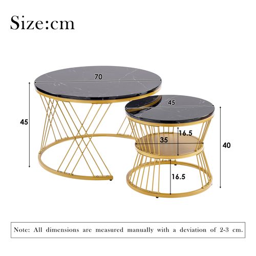 Table Basse Gigogne Ronde, Ensemble De 2, Placage De Marbre, Cadre De Couleur Dorée, MDF, Noir