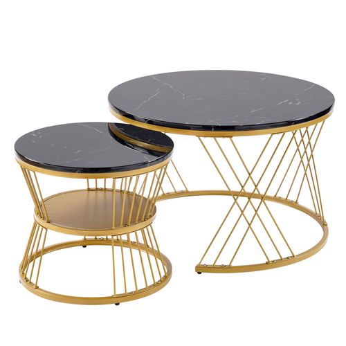 Table Basse Gigogne Ronde, Ensemble De 2, Placage De Marbre, Cadre De Couleur Dorée, MDF, Noir
