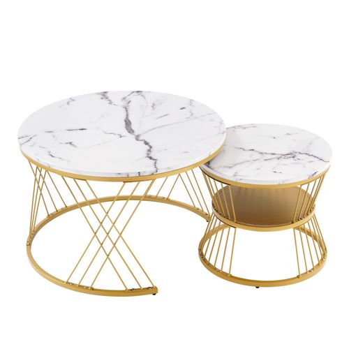 Table Basse Gigogne Ronde, Ensemble De 2, Placage De Marbre, Cadre De Couleur Dorée, Mdf, Blanc