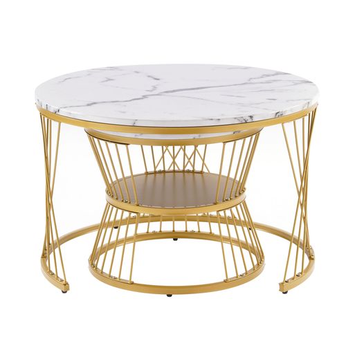 Table Basse Gigogne Ronde, Ensemble De 2, Placage De Marbre, Cadre De Couleur Dorée, Mdf, Blanc