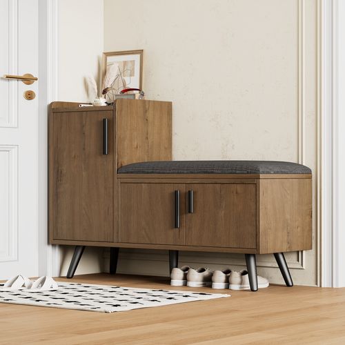 Banc à Chaussures Moderne L100/p34/h69 Cm, 3 Portes De Rangement, Grain De Bois Brun