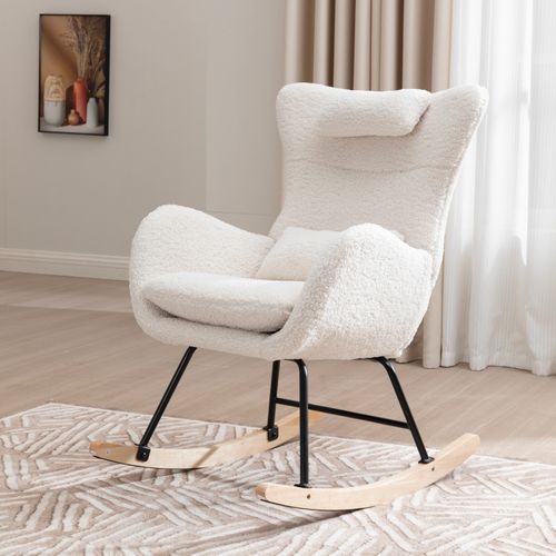 Chaise à Bascule, Rocking-chair Avec Coussin, Oreiller, Poche, En Tissu Teddy, Blanc