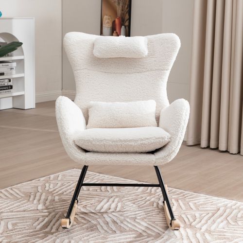 Chaise à Bascule, Rocking-chair Avec Coussin, Oreiller, Poche, En Tissu Teddy, Blanc