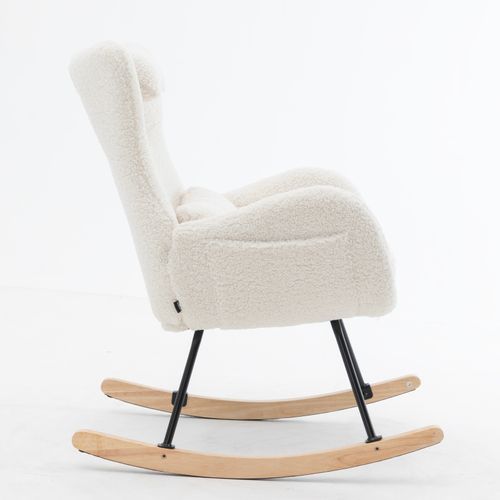 Chaise à Bascule, Rocking-chair Avec Coussin, Oreiller, Poche, En Tissu Teddy, Blanc