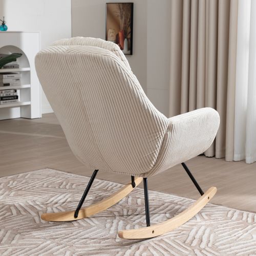 Chaise à Bascule, Rocking-chair, En Velours Côtelé, Fauteuil Pour Relaxation Grand Confort, Beige