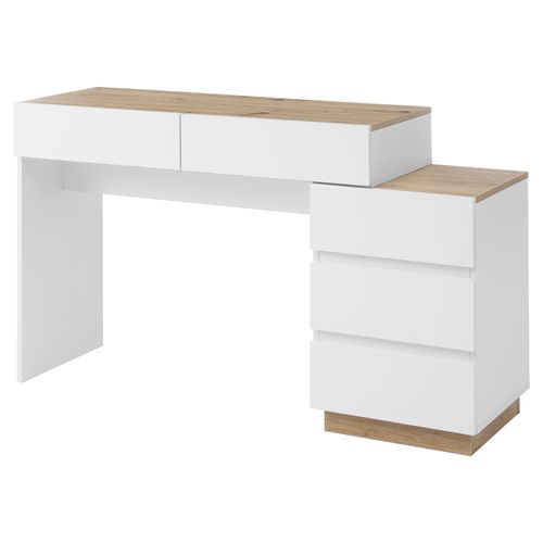Coiffeuse 5 Tiroirs, Bureau Avec Rangement Pour Chambre, Aggloméré E1, Blanc + Couleur Chêne