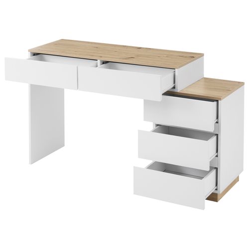 Coiffeuse 5 Tiroirs, Bureau Avec Rangement Pour Chambre, Aggloméré E1, Blanc + Couleur Chêne