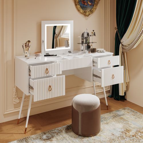 Coiffeuse Blanche (sans Chaises), Avec Miroir LED à Luminosité Réglable, 4 Tiroirs, Mdf, Bureau