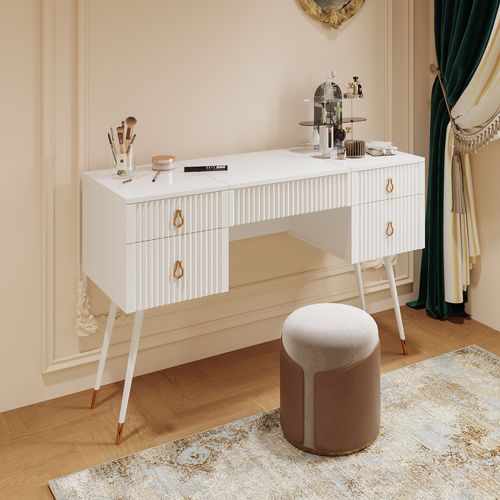 Coiffeuse Blanche (sans Chaises), Avec Miroir LED à Luminosité Réglable, 4 Tiroirs, Mdf, Bureau