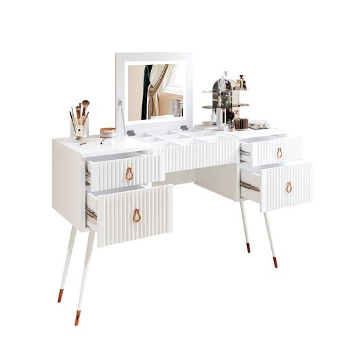 Coiffeuse Blanche (sans Chaises), Avec Miroir LED à Luminosité Réglable, 4 Tiroirs, Mdf, Bureau