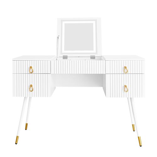 Coiffeuse Blanche (sans Chaises), Avec Miroir LED à Luminosité Réglable, 4 Tiroirs, Mdf, Bureau