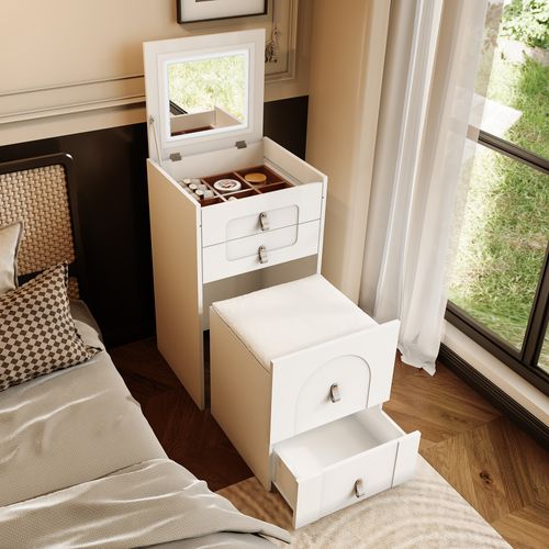 Coiffeuse Avec Miroir Et Éclairage LED + 3 Tiroirs + Tabouret De Maquillage De Rangement, Blanc