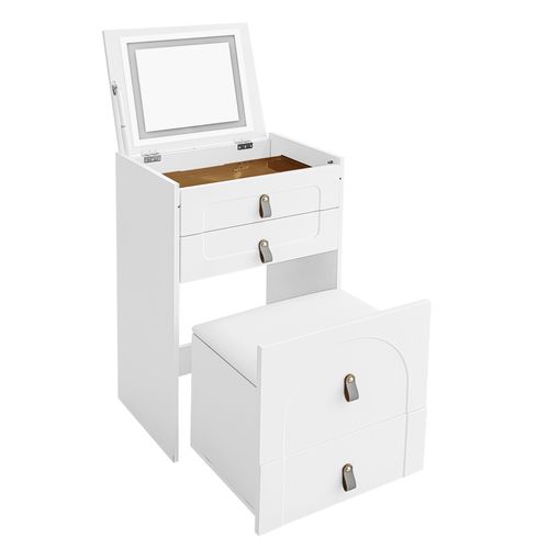 Coiffeuse Avec Miroir Et Éclairage LED + 3 Tiroirs + Tabouret De Maquillage De Rangement, Blanc