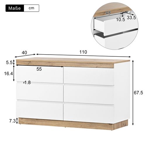 Commode 6 Tiroirs 110x40x67.5 Cm, Casier Avec Rangement, Aggloméré E1, Blanc + Couleur Chêne