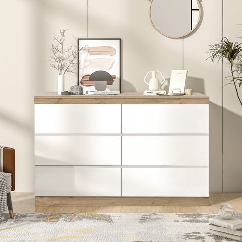 Commode 6 Tiroirs 110x40x67.5 Cm, Casier Avec Rangement, Aggloméré E1, Blanc + Couleur Chêne