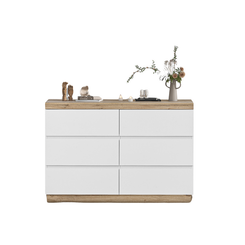 Commode 6 Tiroirs 110x40x67.5 Cm, Casier Avec Rangement, Aggloméré E1, Blanc + Couleur Chêne