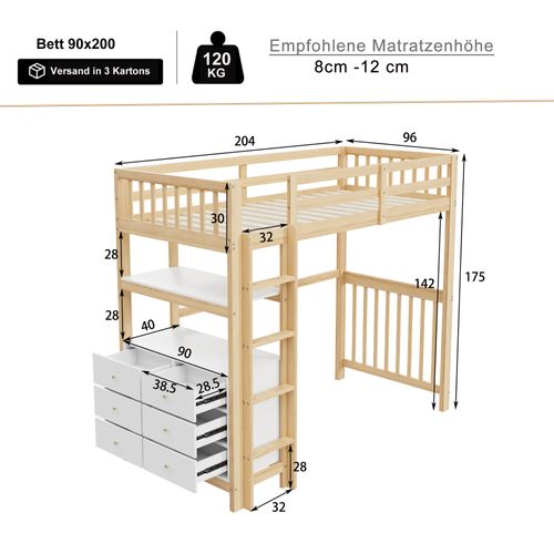 Lit Mezzanine Enfant En Bois 90x200cm Avec Échelle, Commode à 6 Tiroirs, Étagères, Blanc + Naturel