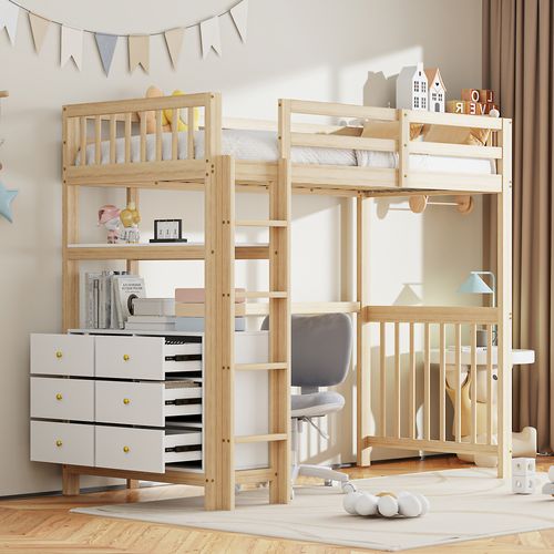 Lit Mezzanine Enfant En Bois 90x200cm Avec Échelle, Commode à 6 Tiroirs, Étagères, Blanc + Naturel