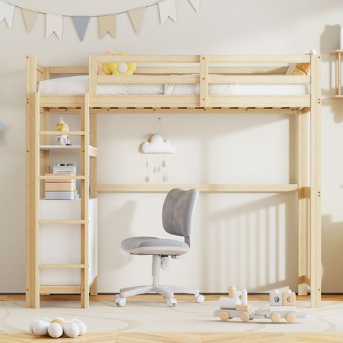 Lit Mezzanine Enfant En Bois 90x200cm Avec Échelle, Commode à 6 Tiroirs, Étagères, Blanc + Naturel