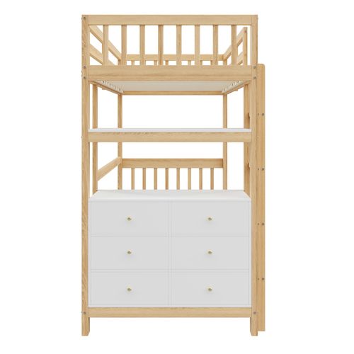 Lit Mezzanine Enfant En Bois 90x200cm Avec Échelle, Commode à 6 Tiroirs, Étagères, Blanc + Naturel