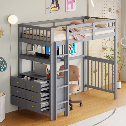 Lit Mezzanine Enfant En Bois 90x200cm Avec Échelle, Commode à 6 Tiroirs, Étagères, Gris