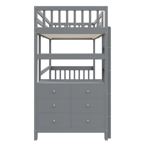 Lit Mezzanine Enfant En Bois 90x200cm Avec Échelle, Commode à 6 Tiroirs, Étagères, Gris